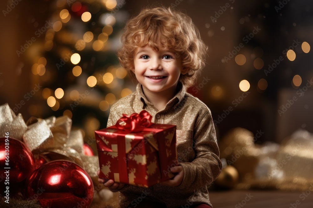 A small Caucasian boy child with sincere joy and a smile holds a Christmas gift in his hands. Time for Christmas and New Year A small Caucasian boy child with sincere joy and a smile holds a Christmas gift in his hands. Time for Christmas and New Year