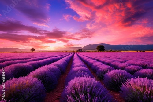 Endless lavender fields under the summer sky.