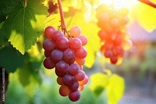 In a lush vineyard, ripe grapes bask in nature's beauty, promising a taste of autumn's wine.