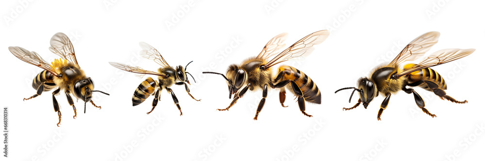Set of a natural bee is flying isolated on a transparent or white background - obrazy, fototapety, plakaty 