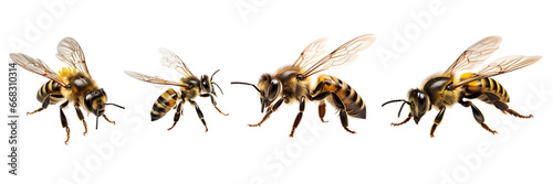 Set of a natural bee is flying isolated on a transparent or white background
