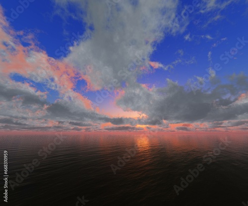 Panorama of sea sunset, ocean sunrise, seascape, 3d rendering 