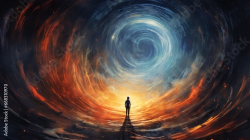 A man standing in front of a spiral vortex, AI