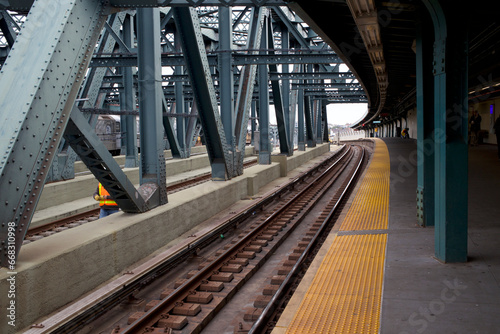 Empty platform at Smith 9th Street subway station in Brooklyn New York photo