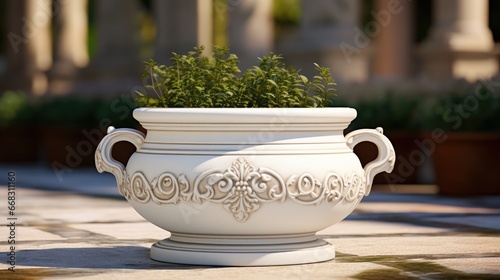Elegant European-style clay pot for garden plants. Classic design with a vintage touch