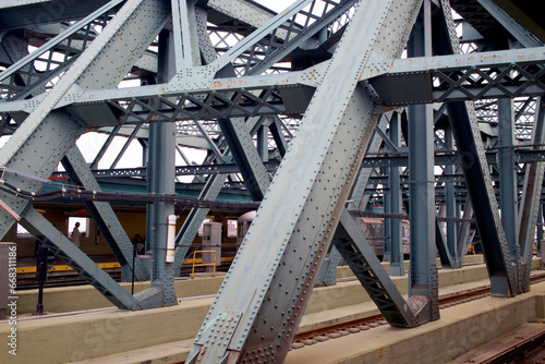 Grey steel girders on Smith 9th Street subway station in Brooklyn New York