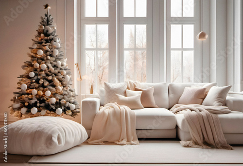 New year tree and christmas decoration in cosy light living room with sofa in white and creamy colors. AI generated.