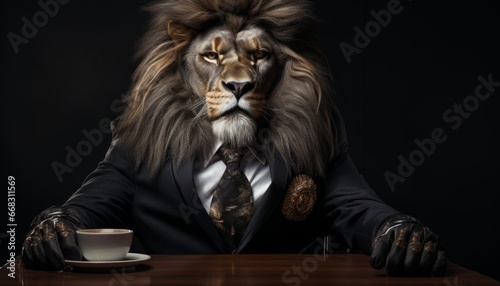 lion with a mug of coffee in an internet cafe, fashionable animal boss photo