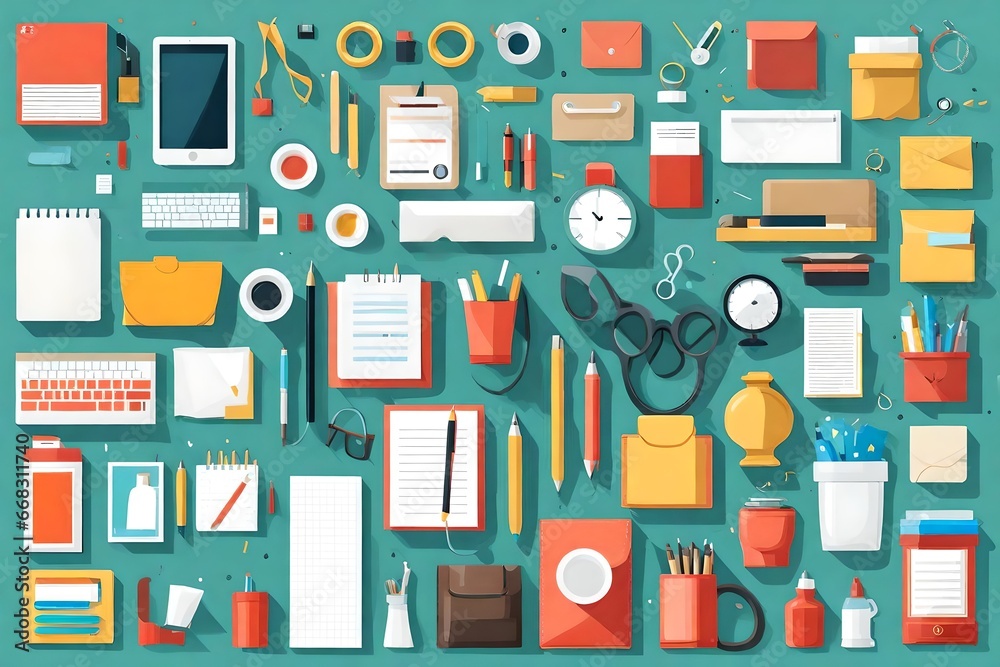 A series of flat design illustrations representing common office items.