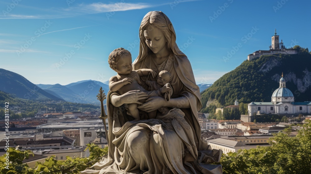 Naklejka premium maria and josef with her baby jesus in salzburg, christus time, salzburg panorama in background