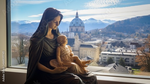maria and josef with her baby jesus in salzburg, christus time, salzburg panorama in background photo