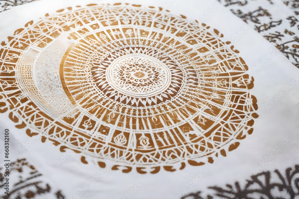 A Photograph capturing the intricately woven serigraphy patterns on a crisp white textile, interlaced with ethereal crystalcore symbols, invoking a sense of enchantment and contemporary artistry.