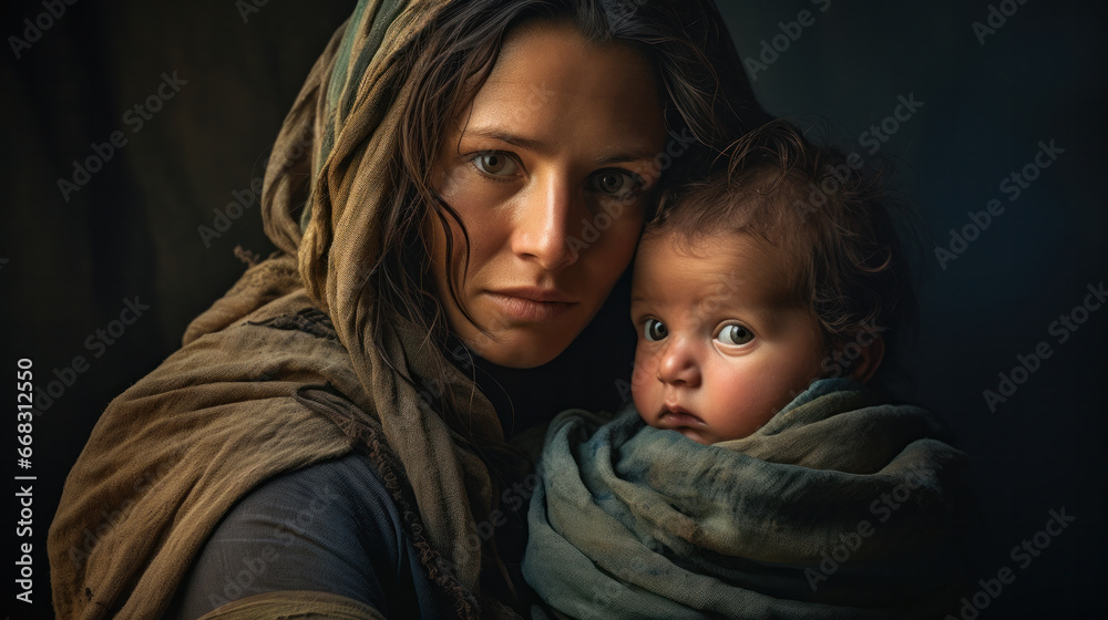 Poverty and poorness on people face. Sad little girl and her mother. Refugee.