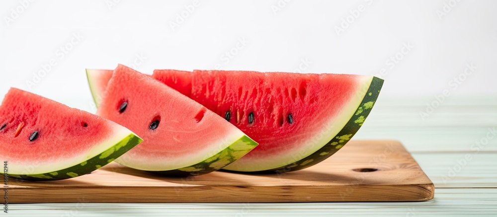 Watermelon slices on a bamboo board white wood background Watermelon slices on a bamboo board white wood background