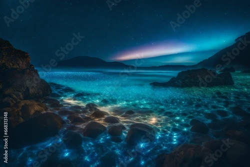 A Photograph capturing a surreal fusion of opalescent tones and bioluminescent textures, meticulously crafted to evoke a mesmerizing dreamlike realm.
