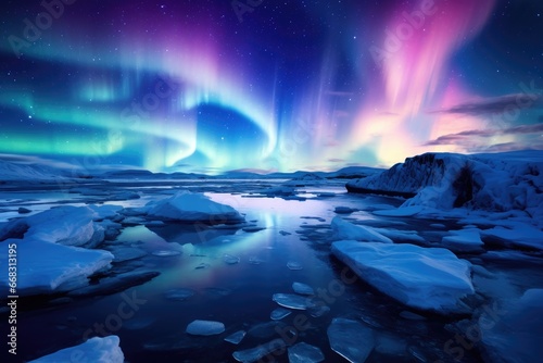 Frozen tundra with dancing polar lights. photo