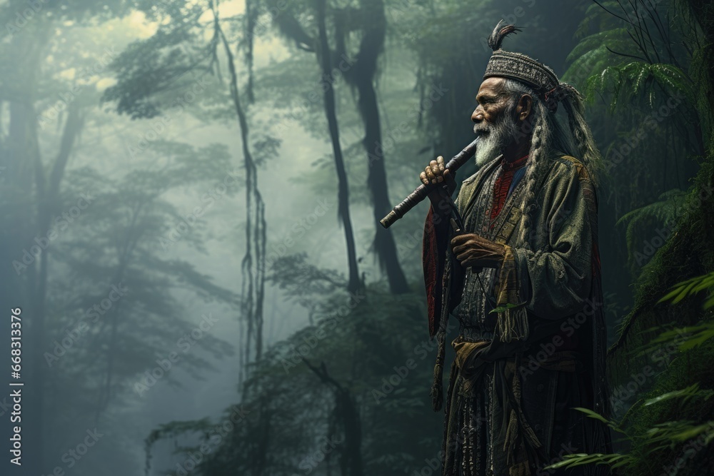 Man in traditional attire playing a flute in a misty forest Man in traditional attire playing a flute in a misty forest