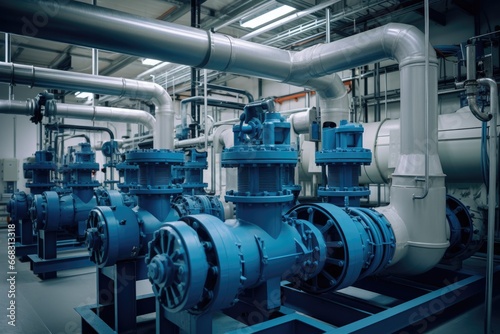 Tableau sur toile Industrial pumps and pipes in a water treatment facility.