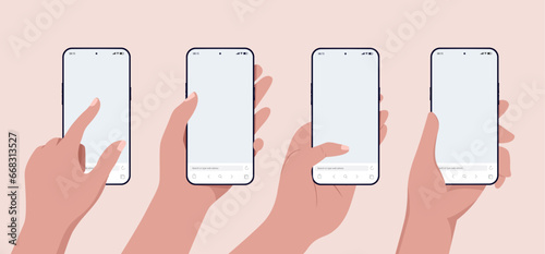 Hand holding mobile phone mockup vector collection - Set of illustrations with smartphone in hands and blank empty web browser screen. Flat design template with beige background