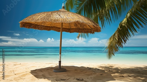 Immerse your audience in the allure of a leisurely day at the beach with a solitary coconut leaf parasol. Perfect for conveying the essence of a tranquil  sun-soaked paradise