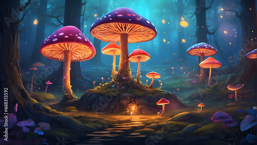 mystical forest with mushroom trees, fireflies all around, fairyland photo
