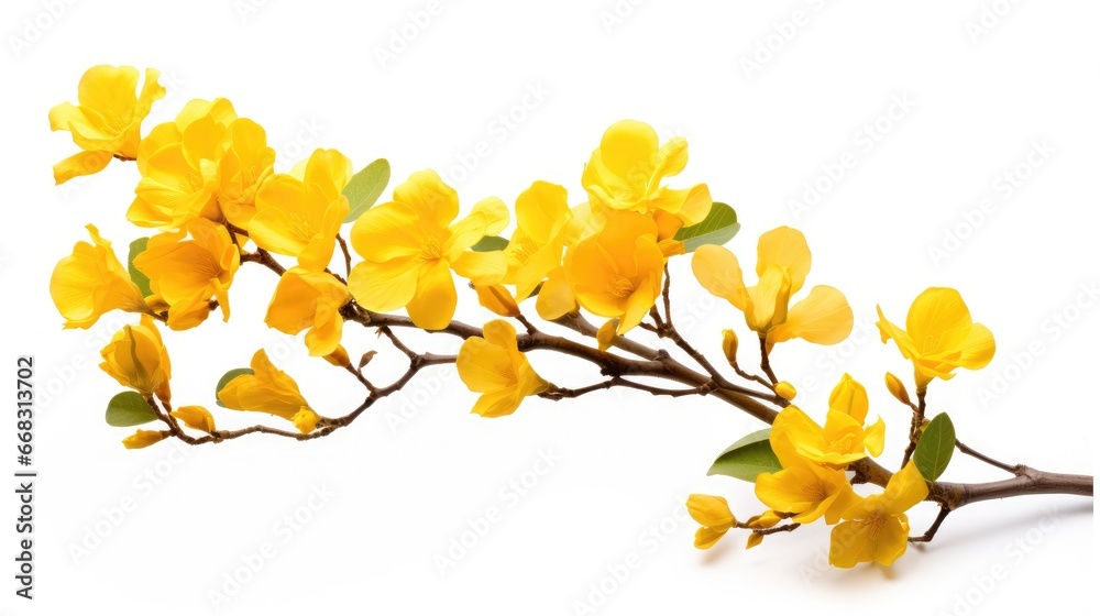 Golden Elegance in Isolation: A radiant tabebuia flower isolated on a clean white backdrop, emphasizing the beauty of nature's vibrant yellow bloom – ideal for floral and horticultural concepts - obrazy, fototapety, plakaty 