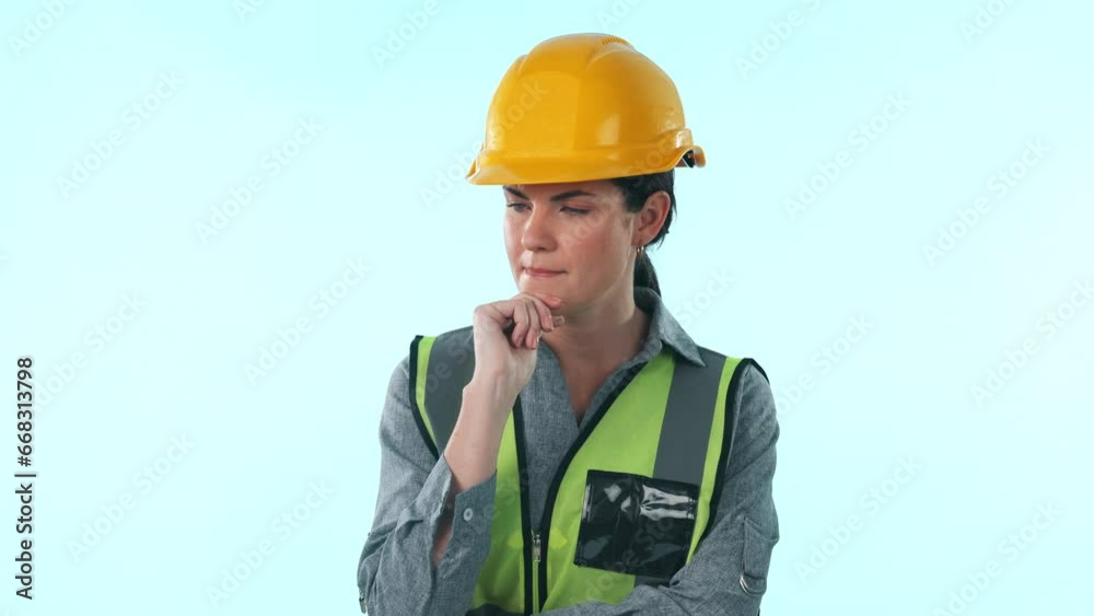 Thinking, idea of engineer and woman in studio isolated on a blue background mockup space. Doubt, confused architect planning construction development project and brainstorming for problem solving Thinking, idea of engineer and woman in studio isolated on a blue background mockup space. Doubt, confused architect planning construction development project and brainstorming for problem solving