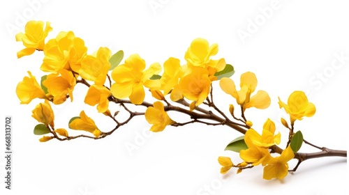 Golden Elegance in Isolation: A radiant tabebuia flower isolated on a clean white backdrop, emphasizing the beauty of nature's vibrant yellow bloom – ideal for floral and horticultural concepts © pvl0707