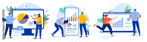 People with charts and data collection - Set of illustrations with businesspeople working with graphs and analytics information on computer and device screen. Flat design vectors with white background