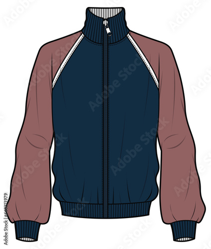 Raglan Sleeve Turtle High Neck Zip Up Winter Jacket Fashion Flat Sketch Vector Illustration, CAD, Technical Drawing, Flat Drawing, Template, Mockup.