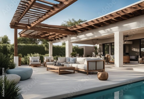 Backyard living space with outdoor furniture next to the pool under a pergola AI-assisted finalized