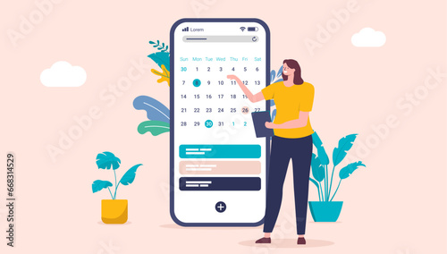 Time management and calendar - Project manager woman standing with calendar on phone screen planning schedule, start and end date on projects. Flat design vector illustration