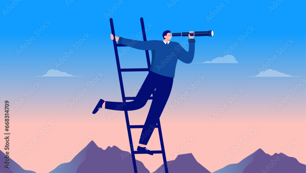 Business vision - Ambitious businessperson climbing ladder to the top, holding binocular looking for success and opportunity high up in the sky. Flat design vector illustration - obrazy, fototapety, plakaty 