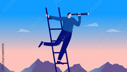 Business vision - Ambitious businessperson climbing ladder to the top, holding binocular looking for success and opportunity high up in the sky. Flat design vector illustration
