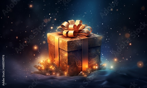 Shining Christmas gift box with golden ribbon on glowing dark blue background © Anastasia