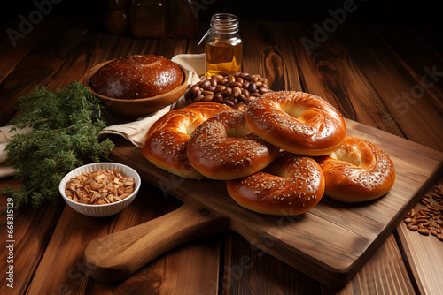 Donuts arranged on a classic wooden table. with elements