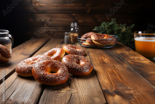 Donuts on a classic wooden table Arrange the composition beautifully