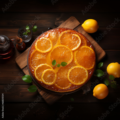 Big Orange Cake On a classic wooden table view from above