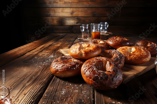 Donuts on a classic wooden table. View from 45 degrees.