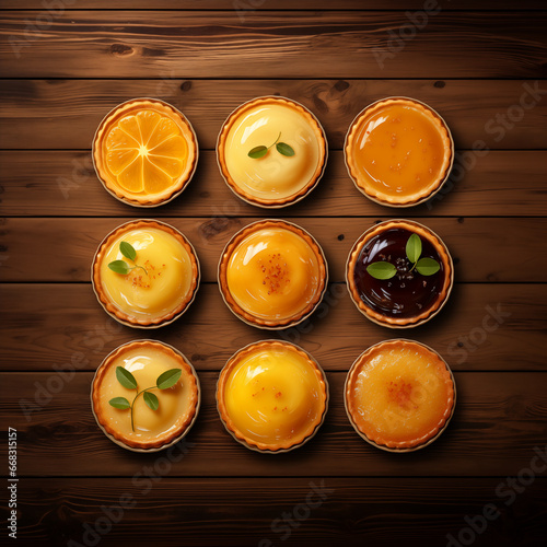 Orange cake, six pieces lined up on a classic wooden background.