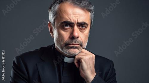 Fictitious worried European Catholic priest AI generative photo