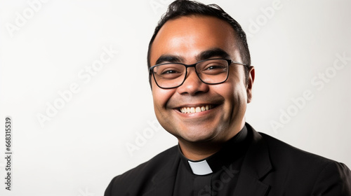 Fictitious smiling Asian Catholic priest AI generative photo