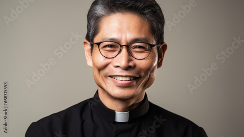 Fictitious smiling Asian Catholic priest AI generative © Jordan