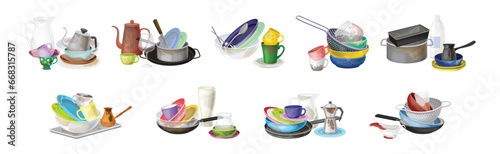 Dirty Dish and Kitchen Utensils Pile for Cleaning Vector Set