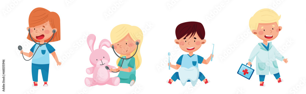 Kid Character Playing Doctors and Nurse Vector Set Kid Character Playing Doctors and Nurse Vector Set