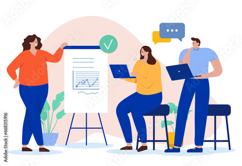 Business meeting presentation - People in office with computers watching woman presenting results, data and graph at work. Flat design vector illustration with white background
