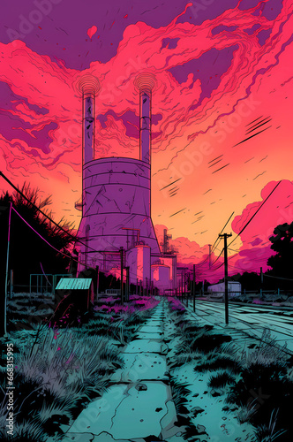 Nuclear zone in comics style, atomic landscape, apocalyptic view, Generative AI