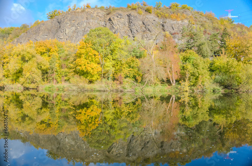 Beautiful views of the autumn river Berounka, forest and mountains, Czech. photo