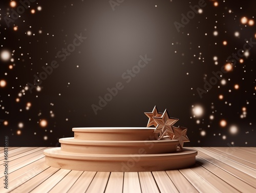 Wooden podium for presentation of products on Christmas background. Ai generated