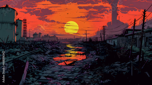 Nuclear zone in comics style, atomic landscape, apocalyptic view, Generative AI